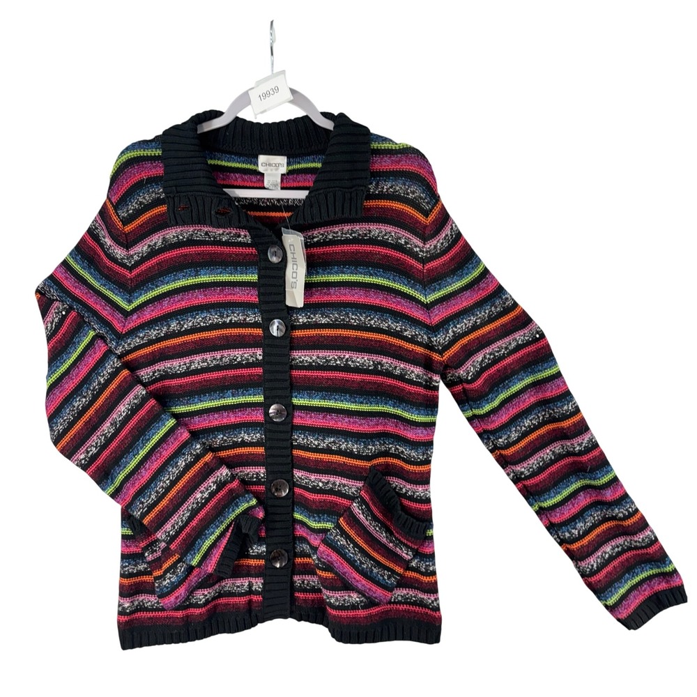 NWT Chico's Cardigan Sz 3 US XL Striped Sweater Multicolor Button Front Pocket
